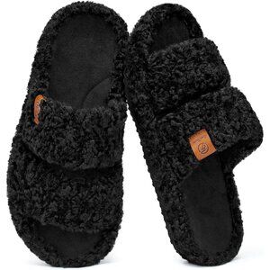 ⚡Women's Matt Black Fuzzy Open Toe Slippers Soft Comfy Memory Foam House Shoes